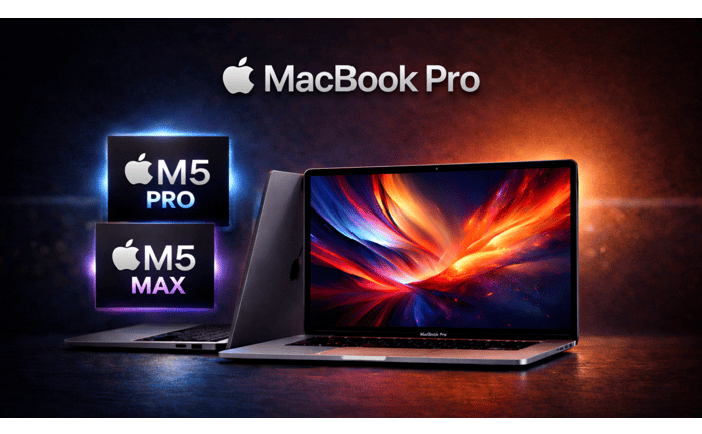 Apple MacBook Pro laptop showcasing the high-performance M5 Pro and M5 Max silicon chips.