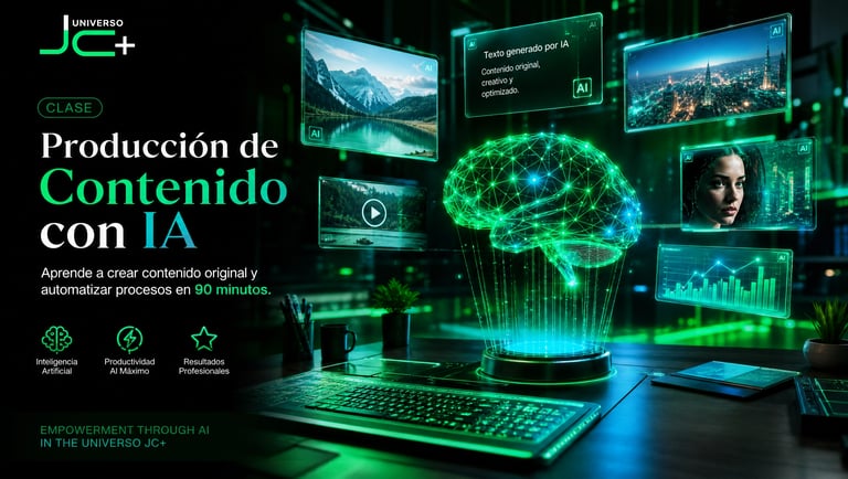 Digital brain hologram on a desk promoting an AI content production course with futuristic screens.