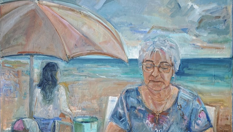 Mari Luz en la playa, óleo del artista Argi Girón. Portrait, beach, oil, artist, painter