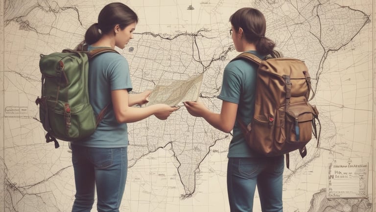 A picture of two people wearing backpacks and looking at a map to plan their journey.