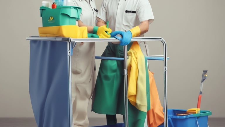Photo of hotel workers collaborating in a bright lobby