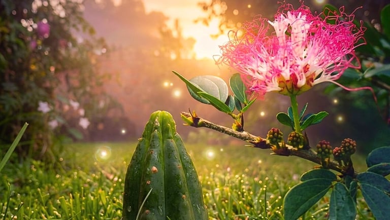 Vibrant pink mimosa flower and green seedling in a magical garden at sunrise with bokeh lights.