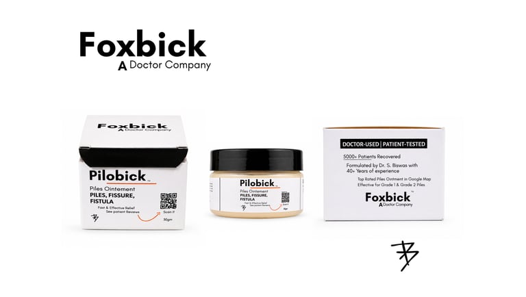 Foxbick Pilobick ointment packaging and jar for Piles, Fissure, and Fistula relief, 30gm.