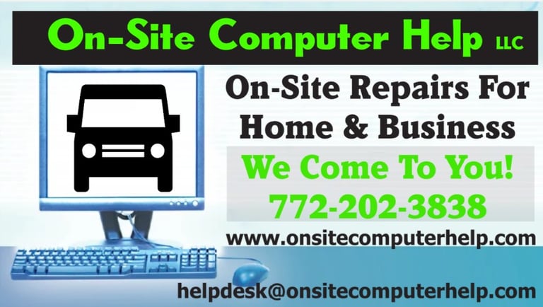 On-Site Computer Help advertisement offering home and business PC repairs with contact details.