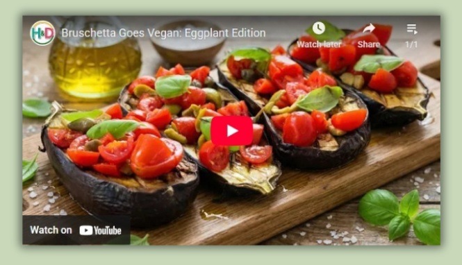 Vegan bruschetta made with roasted eggplant slices instead of bread