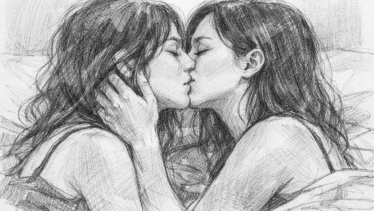 Black-and-white drawing of two women kissing tenderly, symbolizing emotional and physical intimacy.