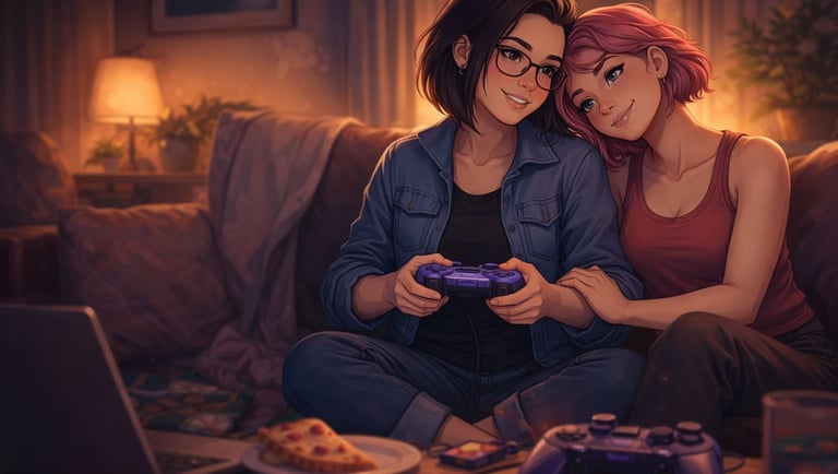 Two women sitting close on a couch playing video games together in a cozy, softly lit room.