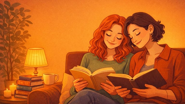 Cozy cartoon illustration of two women reading together on a couch under warm lamplight.