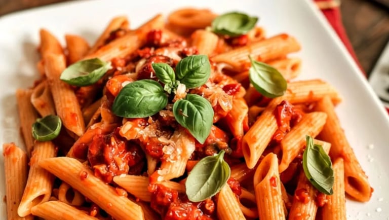A plate of penne pasta with tomato sauce, fresh basil leaves, and Parmesan cheese.