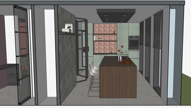 kitchen design, 3D visualization, Interior design, a kitchen with a table, chairs