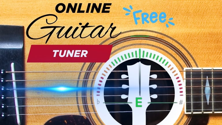 A free online guitar tuner interface overlaying an acoustic guitar body to help tune strings.