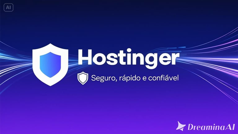 Hostinger web hosting logo with security shield icon on a purple gradient background.
