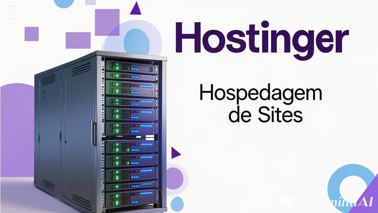 Hostinger web hosting server rack with text Hospedagem de Sites in a data center environment.