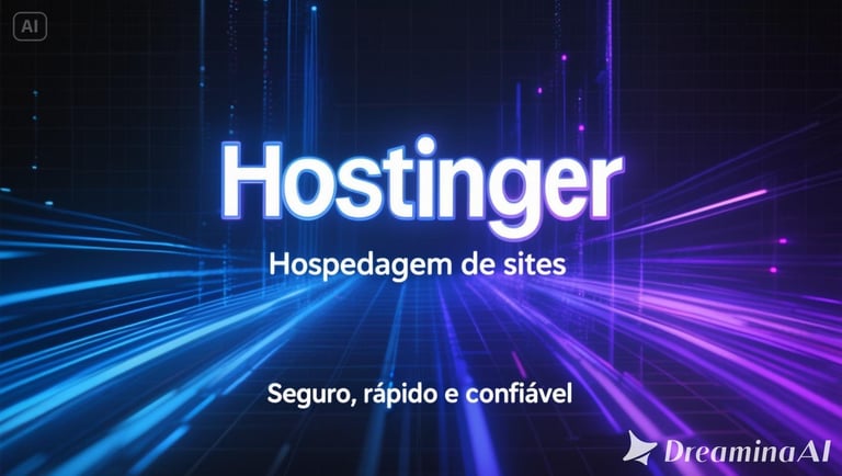 Hostinger web hosting banner featuring neon blue and purple data lines on a digital background.
