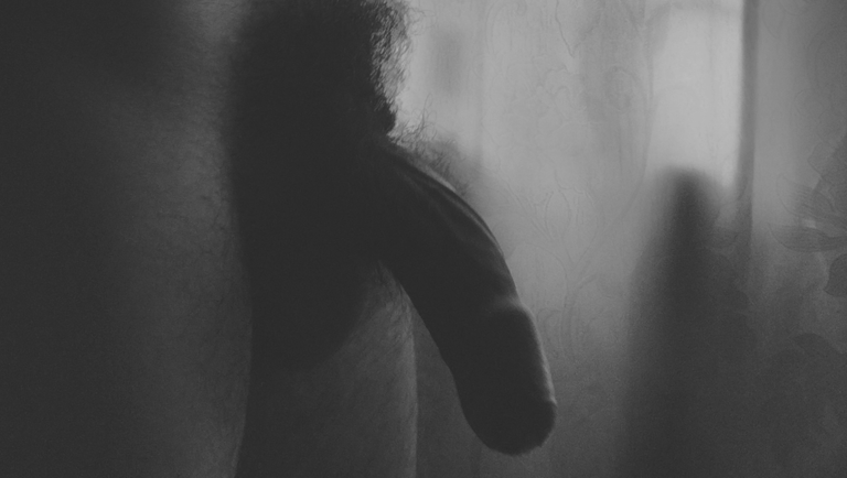 Imagen abstracta en blanco y negro del pene de un hombre tras una cortina con diseño floral.