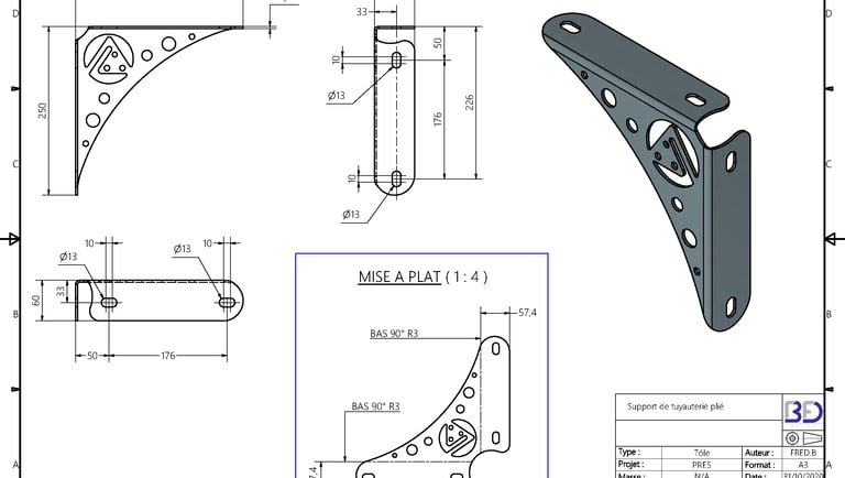 Plan et étude de support de tuyauterie modélisé en CAO