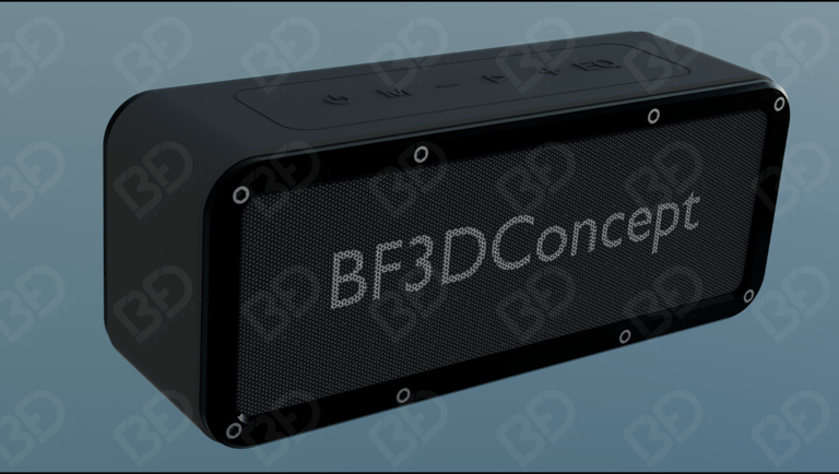 Rendu 3D d’une enceinte Bluetooth personnalisée avec logo BF3DConcept