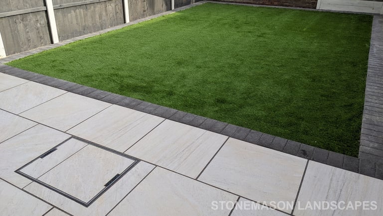 Small Budget Garden Makeover Porcelain Slabs, Artificial Grass & Grey Painted Fence