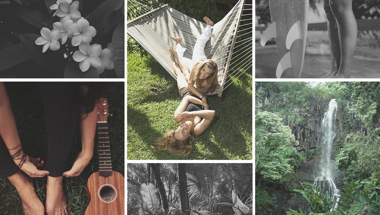 Tropical travel collage featuring a waterfall, a woman on a hammock, frangipani flowers, and a ukulele.