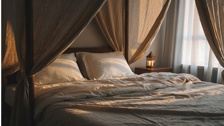 Cozy canopy bed with linen sheets and pillows illuminated by warm sunset light near a wooden nightstand lantern.