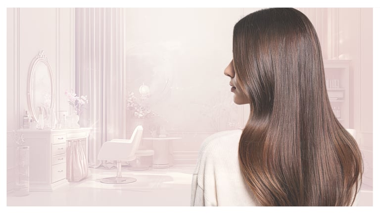 A woman with long, silky brown hair facing away in a bright, modern luxury hair salon.