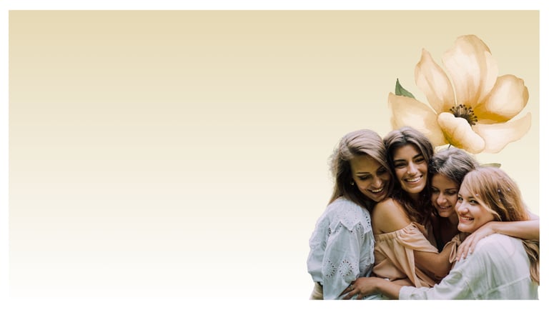 Four smiling young women hugging and laughing together beneath a large yellow flower illustration.