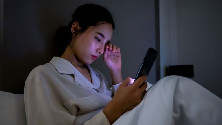 A young woman in bed rubbing her tired eyes while looking at a smartphone screen in a dark room.