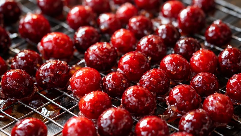 Sticky cooled cranberries ready for sugar coating