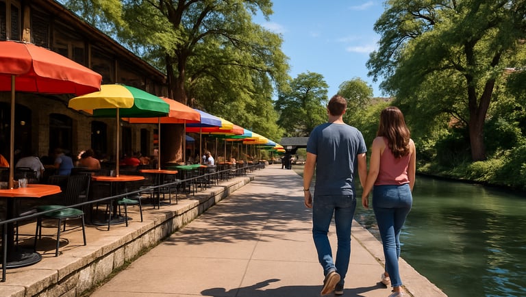 Couple walking along the San Antonio River Walk with colorful umbrellas and riverside cafés surrounded by greenery.