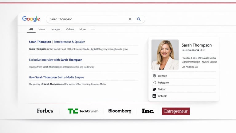 Google search results for entrepreneur Sarah Thompson showing her professional profile and media features.