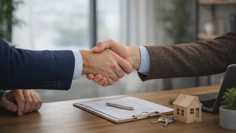 two people shaking hands over a desk