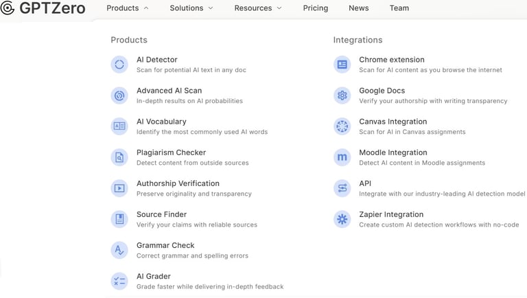 image showing all product and features of GPT Zero