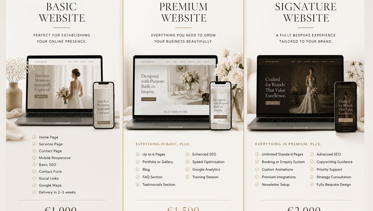 Comparison table for three photography web design packages showing features, pricing, and responsive layouts.