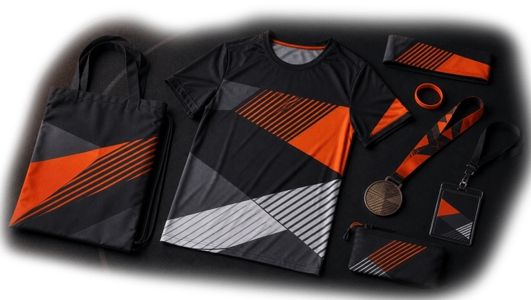 Custom race event merchandise kits including apparel, medals, bags and accessories