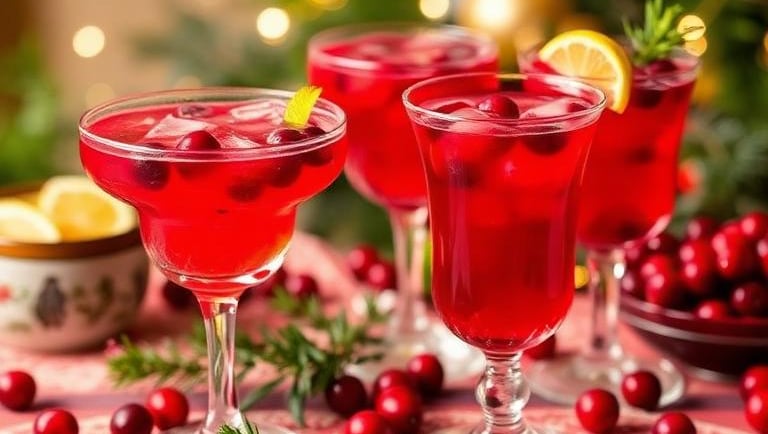 Cranberry cocktails in various glasses with fresh cranberry garnishes