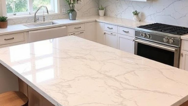 A bright, modern kitchen with quartz countertops.