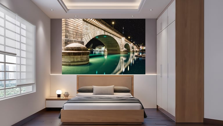 a bedroom with a bed and a large painting on the wall