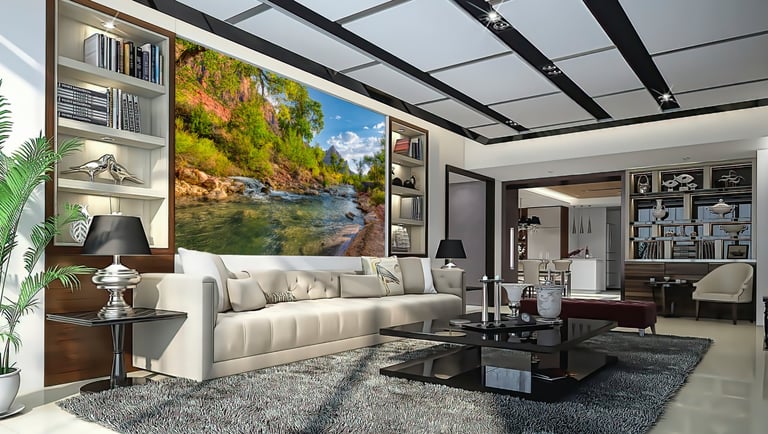 a living room with a couch and a painting