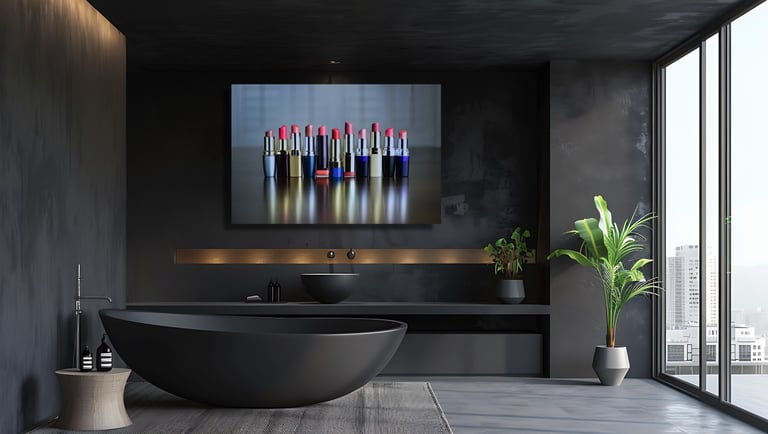 a bathroom with a large painting of lipsticks on the wall