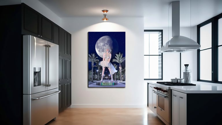 a kitchen with a large painting of Marilyn Monroe in a white dress