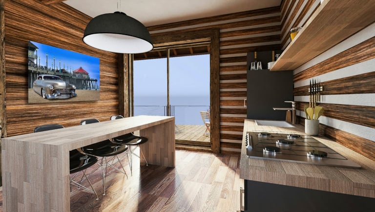 a kitchen with a wooden table and chairs