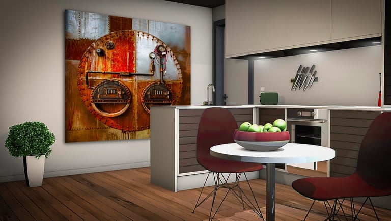 a kitchen with a bowl of apples in a bowl