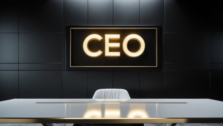 a desk with a chair and a desk with a sign that says ceo