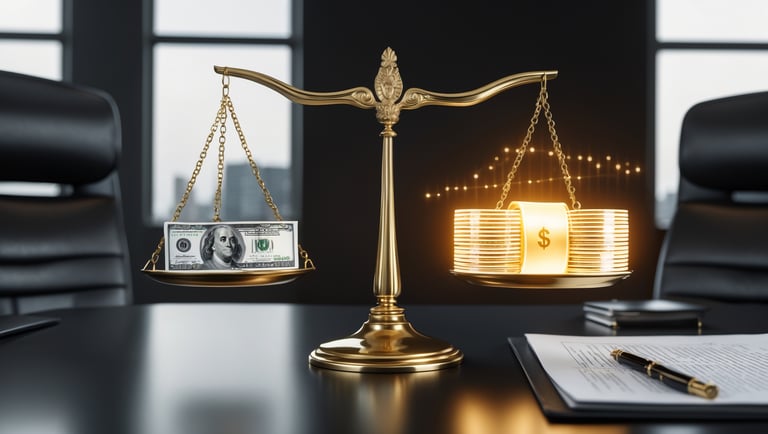 a scale with money and coins on each side on a desk 