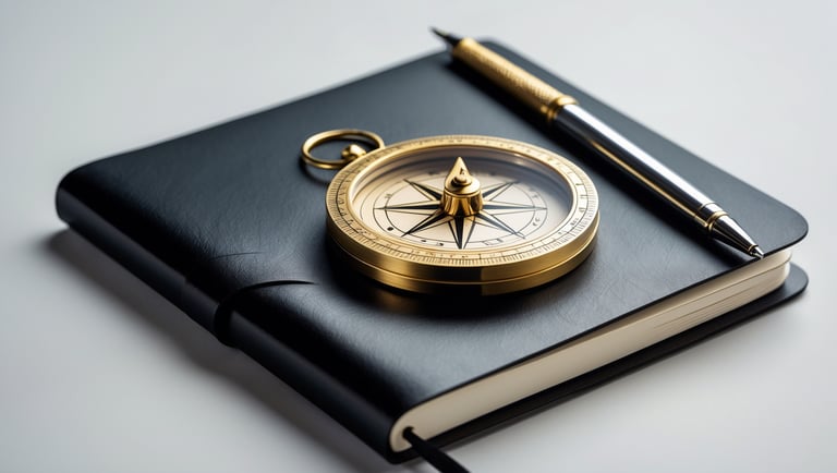 a compass compass rose on a notebook with a pen and a pen