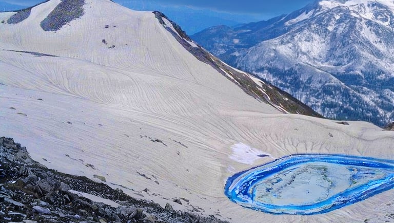 a mountain scene with Ansoo lake and a mountain in the background