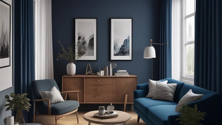 salon avec les murs peints en bleu