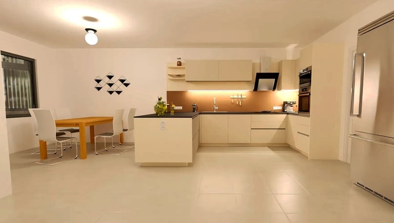 a kitchen with a table and chairs and a table