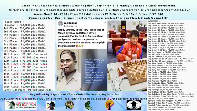 Philippines Chess. GM Balinas’s Late Father’s Birthday and GM Rogelio "Joey Antonio" 