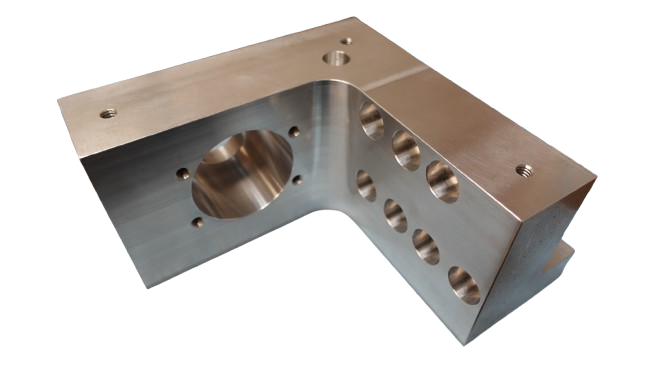 Precision CNC machined L-shaped aluminum motor mount with various drilled holes and smooth finish.